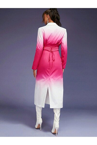 NO BRAND Palton lung, design ombre roz-alb, decupaje, nasturi cu șnur, Shein m