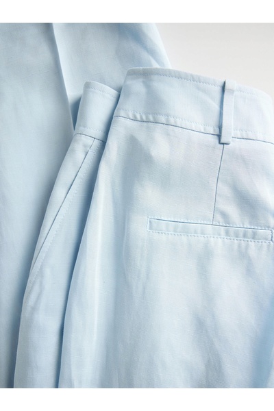 NO BRAND Pantaloni albaștri simpli, netezi, cu lungime 7/8, din in, cu talie ...