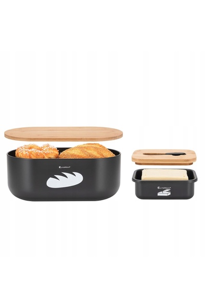 NO BRAND Set de recipiente Chlebak din metal negru cu capace din bambus pentr...