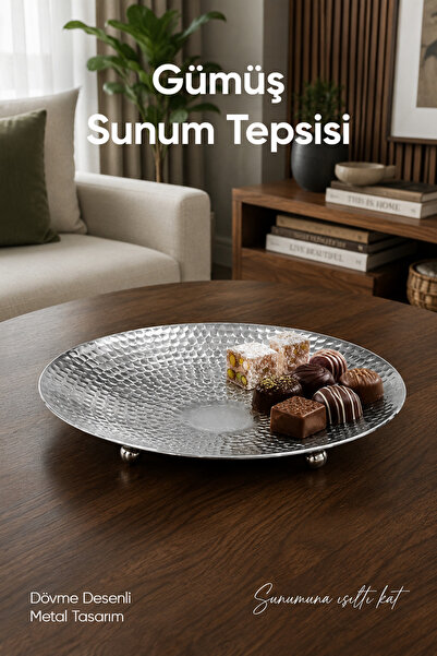 Vienev Silver Color Forged Patterned Metal Presentation Tray 19 cm - Chocolat...