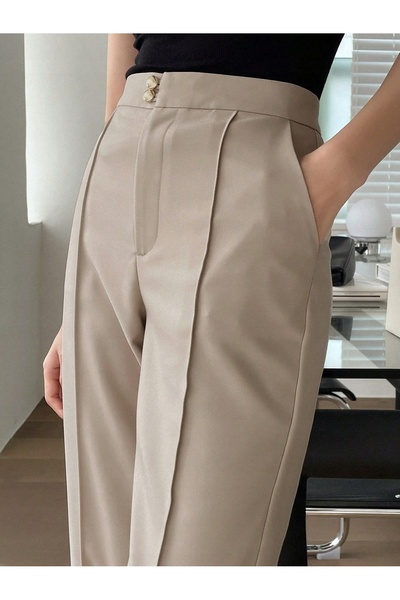 NO BRAND Pantaloni eleganți, netezi, bej, cu cusături și buzunare, Shein 38