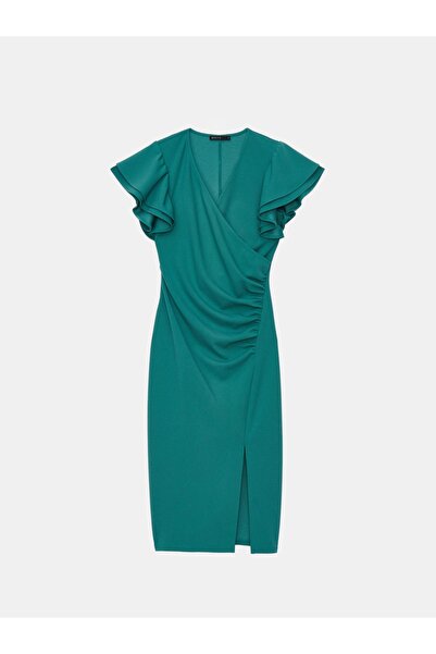NO BRAND Rochie verde netedă, midi, cu șliț, volane, pliată, Mohito S