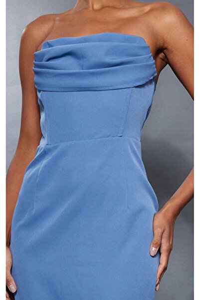 NO BRAND Prettylittlething 34 Rochie creion albastră midi slim clasică