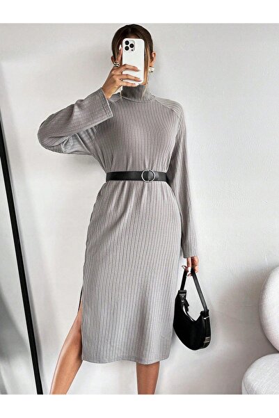 NO BRAND Rochie Midi Gri Clasic Simplă Texturată Cu Mânecă Lungă Shein 36