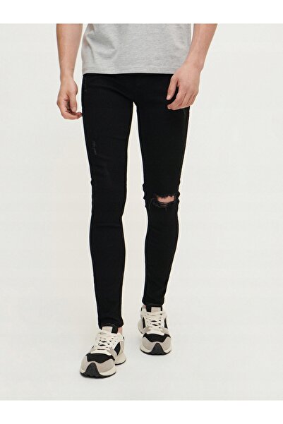 NO BRAND Blugi negri din bumbac cu rupturi, croială skinny 30/32