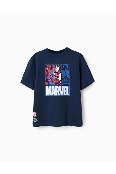 Ziddy Cotton T-Shirt With Marvel Prints For Boys, Navy Blue
