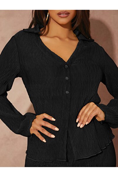 NO BRAND Set clasic texturat, tricou și pantaloni, negru, Shein M/L