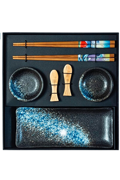 NO BRAND Set de sushi din ceramică cu bol pentru sos și bețișoare - Albastru