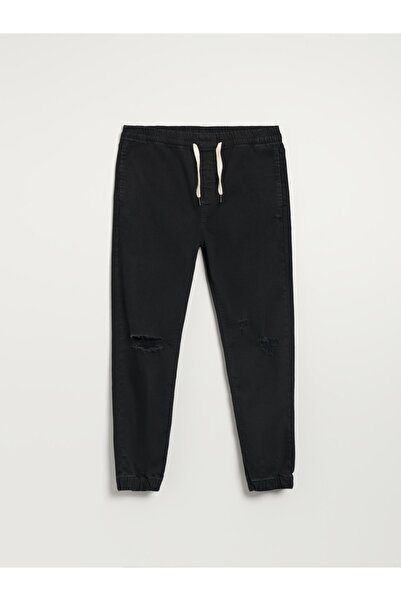 NO BRAND Pantaloni jogger lungi din denim de bumbac negru, cu buzunare și rup...