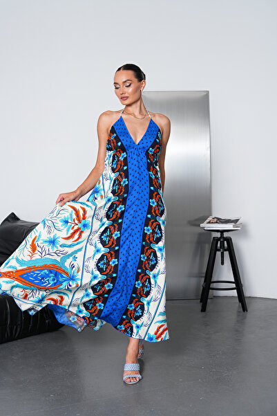 NAVY Long Oversized Dress with Halter Neck Detail and Backless Slit