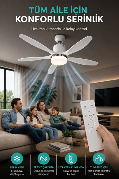 ROBO LED Işıklı Tavan Vantilatörü – 75 cm, 5 Kanat, E27 Duy, Uzaktan Kumandalı