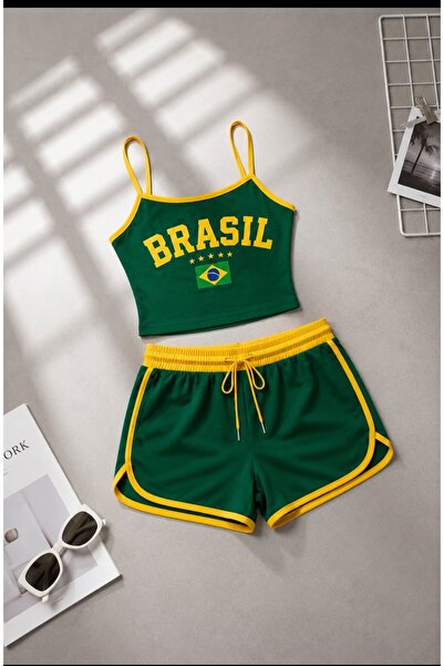 eyonnwear Kadın Brasil Baskılı Askılı Crop Top Ve Şortlu İkili Takım