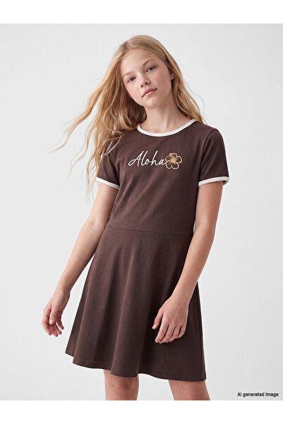 LC Waikiki Trendlucky Girls' Dress with Oval Collar and Printed Design