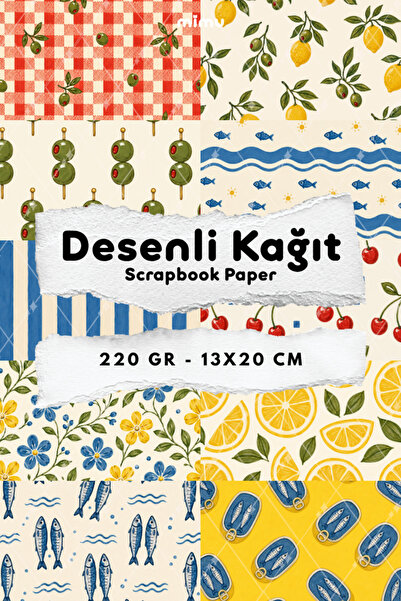 Mimu Art Studio Sardalya Limon Zeytin Kiraz Akdeniz Desenli Kağıt Seti Scrapb...