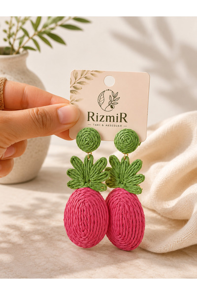 rizmir Ananas Tasarımlı Pembe Yeşil Hasır Kadın Küpe