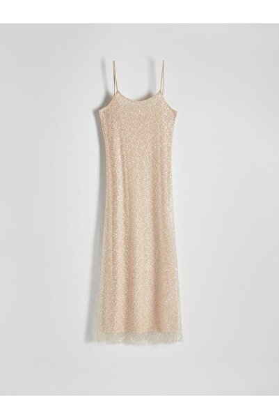 NO BRAND Rochie cremoasă cu paiete, de cocktail, midaxi, Simple Glamour m