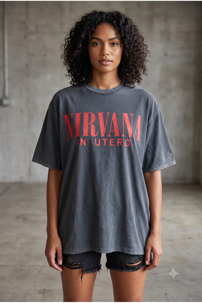 Girişim Tekstil Nirvana In Utero Anjelofer Oversize Gri T-shirt Baskılı Yıkamalı