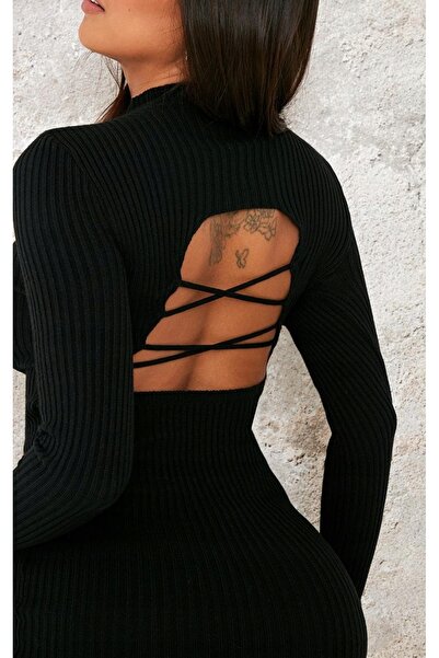 NO BRAND Rochie mini tricotată neagră cu legătură la spate Prettylittlething m