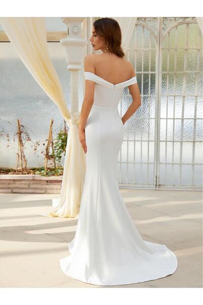 NO BRAND Rochie de mireasă lungă, albă, cu mâneci căzute pe umeri, clasică, E...