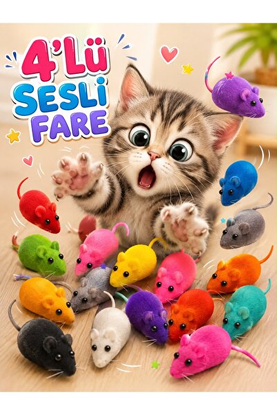 HAYHAYPETSHOP 4’lü Sesli Peluş Fare Kedi Oyuncağı – Renkli Av Oyuncağı, İçind...
