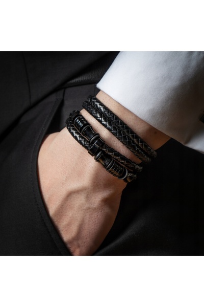 NO BRAND Serasar, Brățară din piele pentru bărbați "Spirit", Negru 17 cm