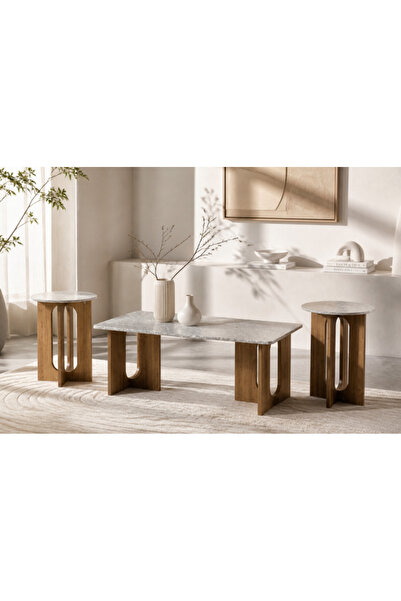 Palma homez طقم طاولات رخام وخشب بني 3 قطع