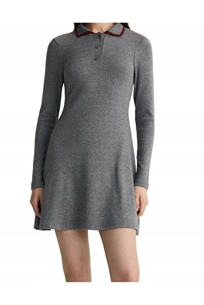 NO BRAND Rochie mini tricotată gri cu guler, mânecă lungă, mărimea L.