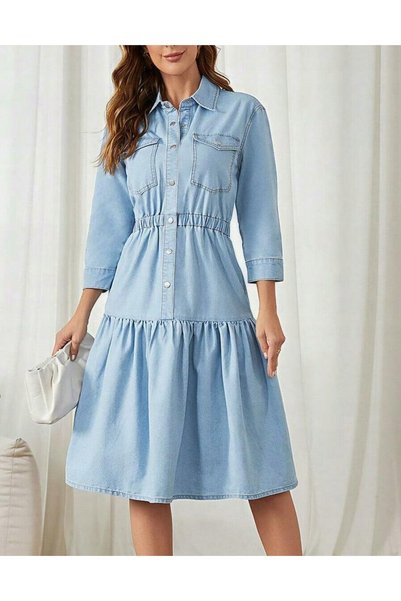 NO BRAND Rochie din denim albastru cu mâneci 3/4, guler, buzunare și volane, ...