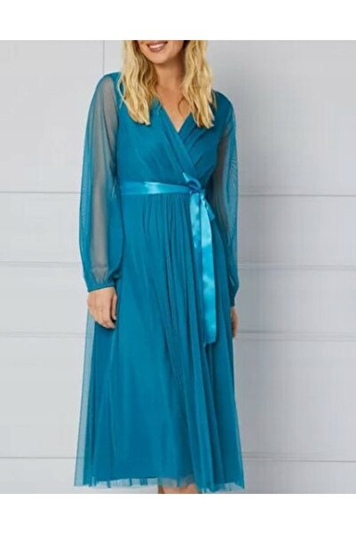 NO BRAND Rochie din tul turcoaz cu bretele, tip cocktail, midaxi, Wallis 38