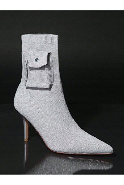 NO BRAND Botine argintii elastice slip-on, cu vârf ascuțit, stil stiletto, cu...
