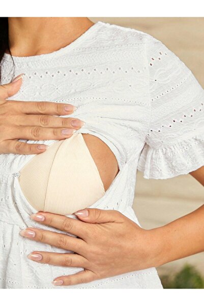NO BRAND Rochie de maternitate albă, cu mânecă scurtă, texturată, stil boho, ...