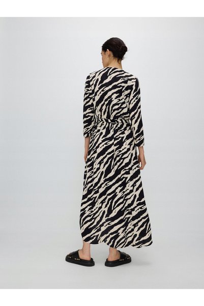 NO BRAND Rochie maxi dreaptă, cu mânecă lungă, cu model, bej-negru, Reserve XS