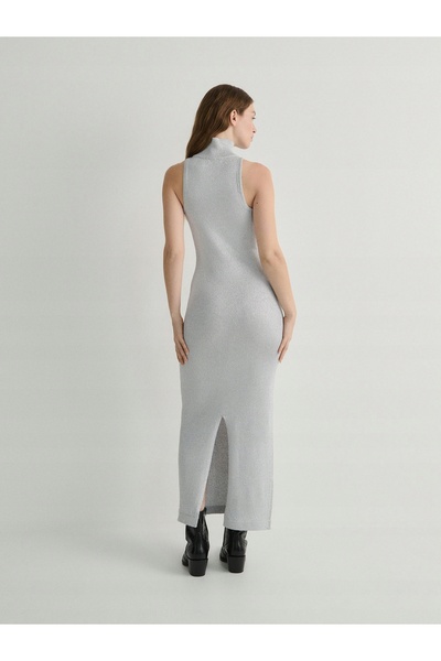 NO BRAND Rochie Maxi Gri cu Fir Metalic Tricotată Mulată Tip Golf Mărimea XS