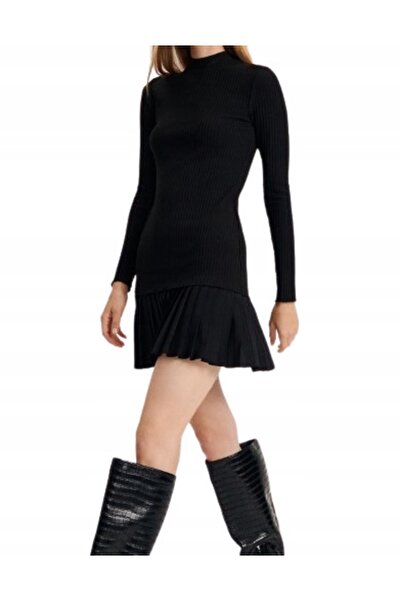 NO BRAND Rochie mini neagră cu dungi, mâneci lungi, tiv plisat, Reserve m