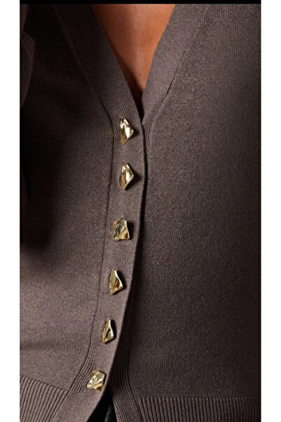NO BRAND Cardigan tricotat clasic maro, decolteu în V, nasturi, Simple Wareho...