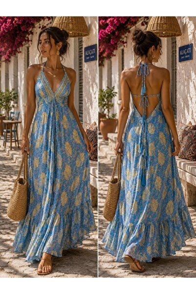 shop Kadın Mavi Çiçek Desenli %80 İpek Sırt Dekolteli Askılı Uzun Maxi Yazlık...