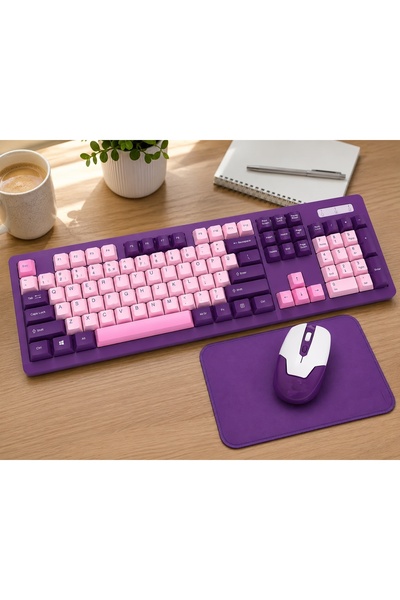 newnet WS737- 2.4g Kablosuz Klavye Mouse Mousepad Seti | Mor Pembe Tasarım | ...