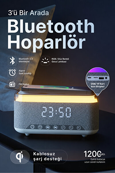 ARGA Bluetooth Hoparlör MD-W10 1200mAh Kablosuz Şarj,Radyo, Alarmlı Saat ve R...