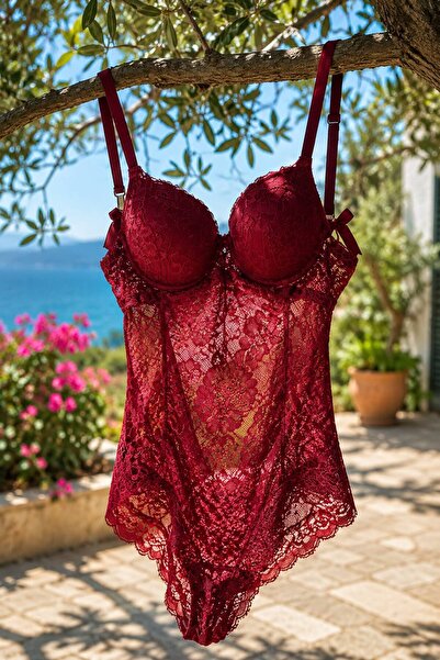 Loveria Bordo Destekli Dantel Detaylı Babydoll
