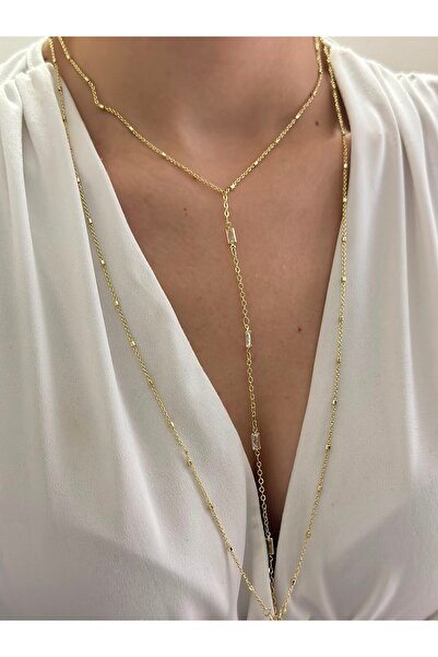 BYYEŞO Baguette Stone Detailed Double Chain Long Necklace (Steel)