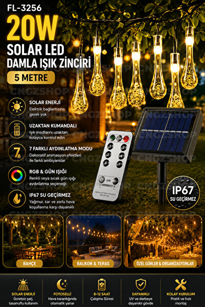 CNGZSHOP FL-3256 20W Solar LED Damla Işık 2 Adet Zinciri 5 Metre IP67 Uzaktan Kumandalı 7 Mod RGB ve Gün Işığ