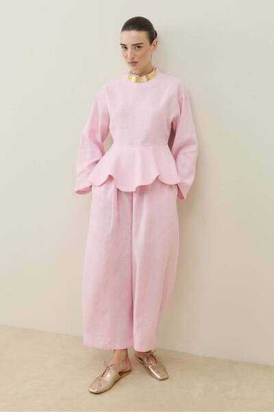 Molene Toz Pembe Hakim Yaka Peplum Keten Bluz