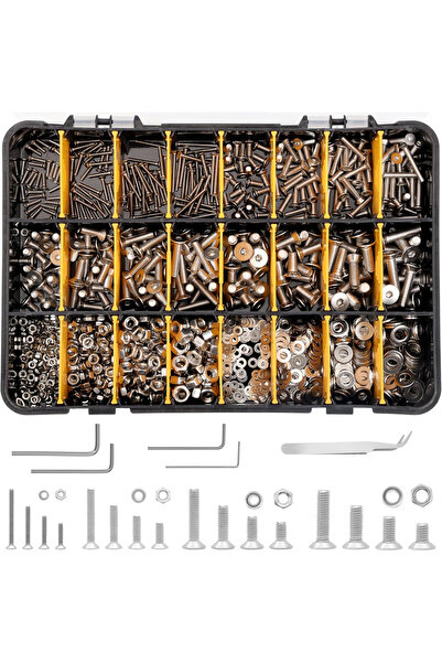 Belle Vous Set de șuruburi și piulițe, 1120 piese, cap hexagonal plat, oțel i...