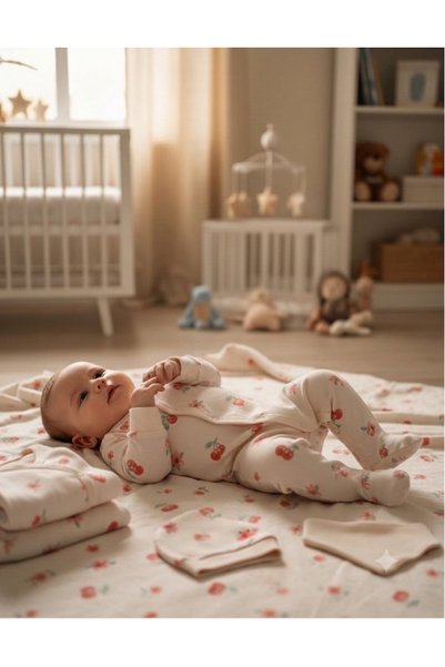 Benbebek 100% Organic Fabric Cherry Patterned Hospital Discharge Set of 10