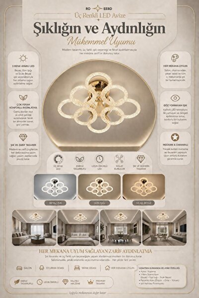 Alvina Aydınlatma DAİRE 4+4'LÜ LEDLİ GOLD avize