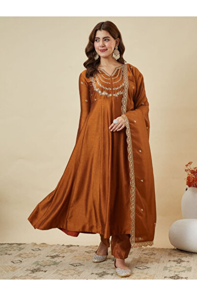 MYSMAR Rust Silk Kameez Salwar & Dupatta - TRT1010 - Rust-Size-M-38-Inches