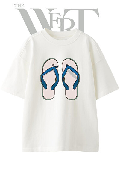 THEWERT Flip Flops Design Printed Unisex White Oversize T-Shirt