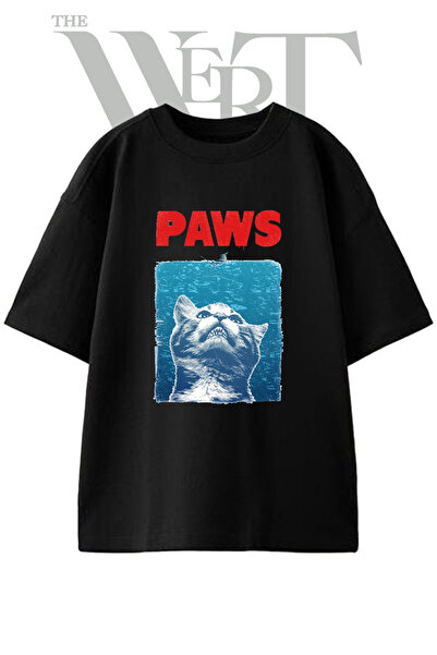 THEWERT تي شيرت أسود كبير الحجم مطبوع بتصميم Paws Cat للجنسين