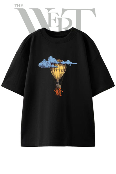 THEWERT Hot Air Balloon_1 Design Printed Unisex Black Oversize T-Shirt