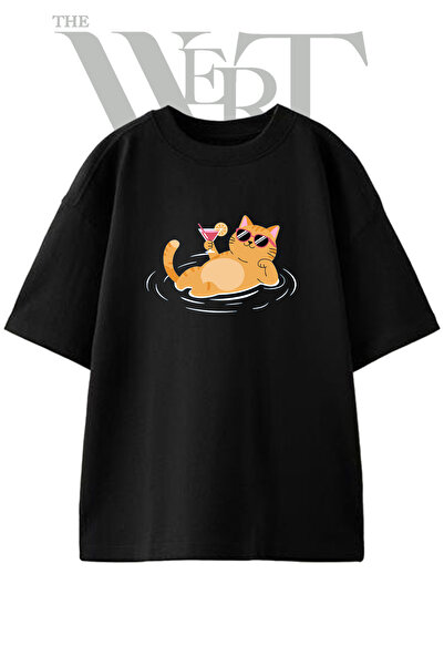 THEWERT Summer Cat Design Printed Unisex Black Oversize T-Shirt